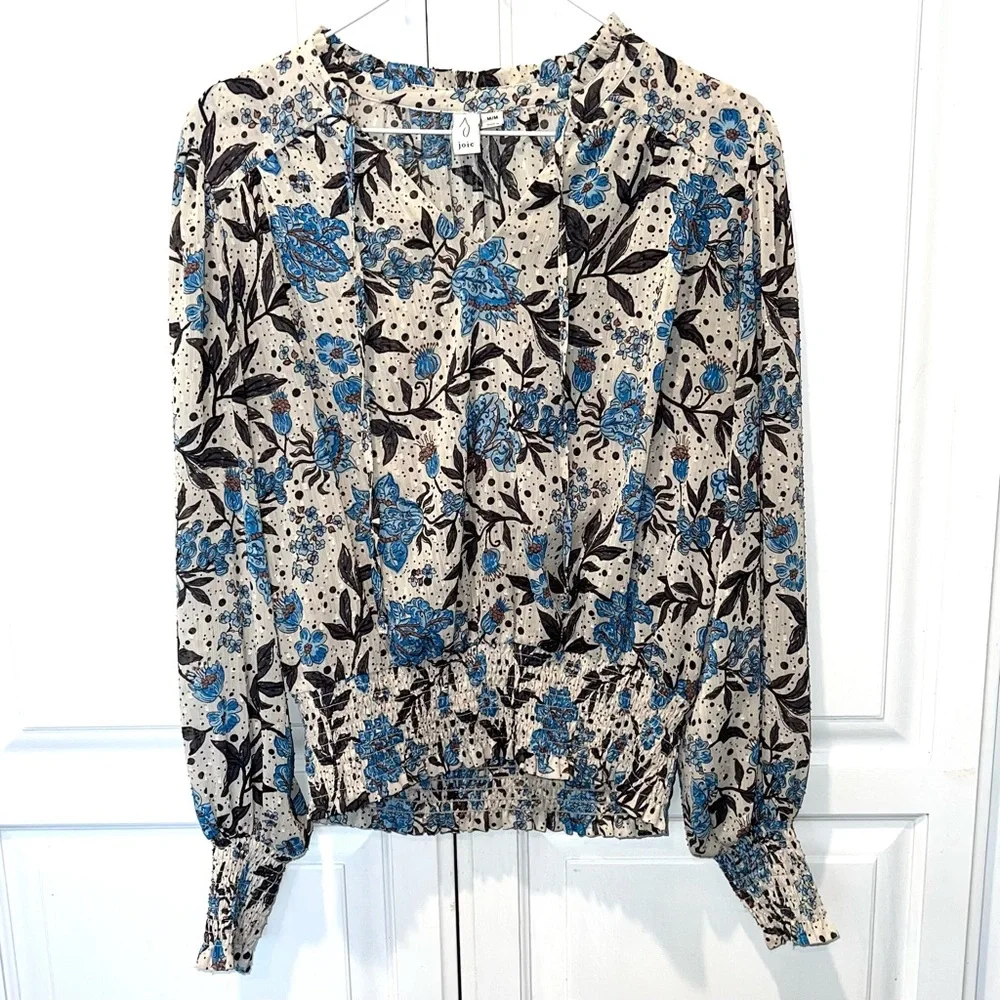 Joie Blue Floral Smocked Peasant Blouse Medium - Picture 3 of 8